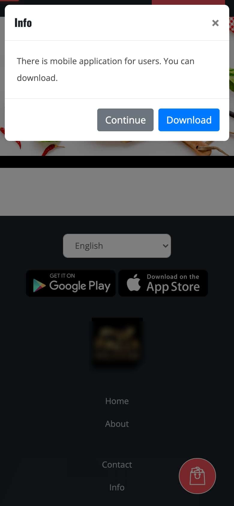 Handy-Ansicht der bestehenden Website: ein weisses Info-Fenster verdeckt das obere Drittel, darunter ein leerer grauer Block, zwei App-Store-Schaltflächen und ein verpixeltes Logo.
